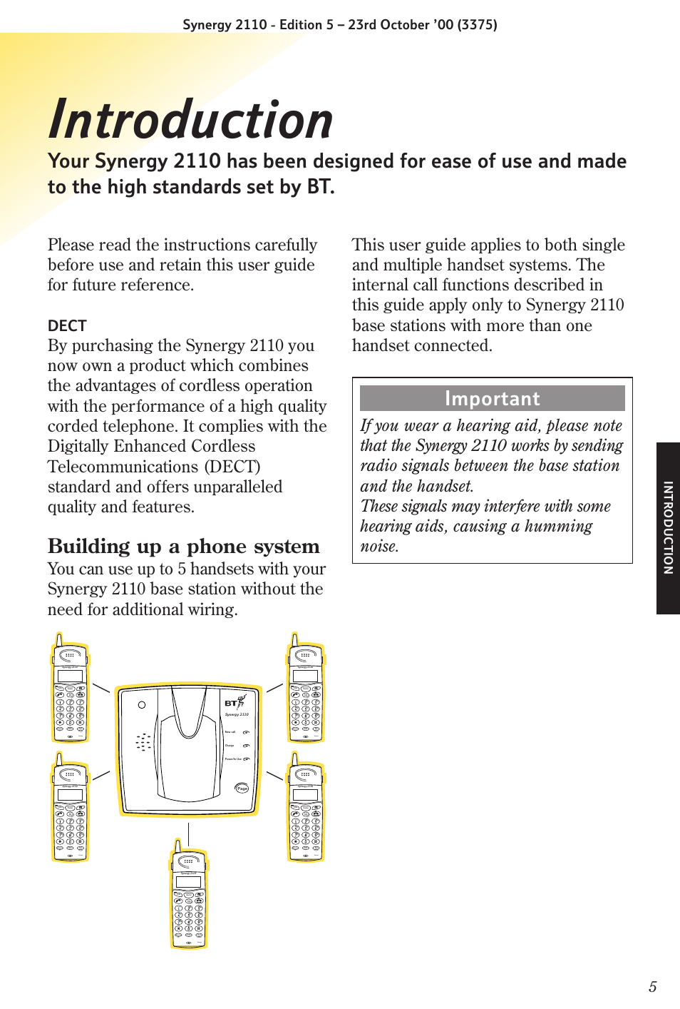 Introduction, Building up a phone system, Dect | Intr oduction | BT Synergy 2110 User Manual | Page 7 / 33