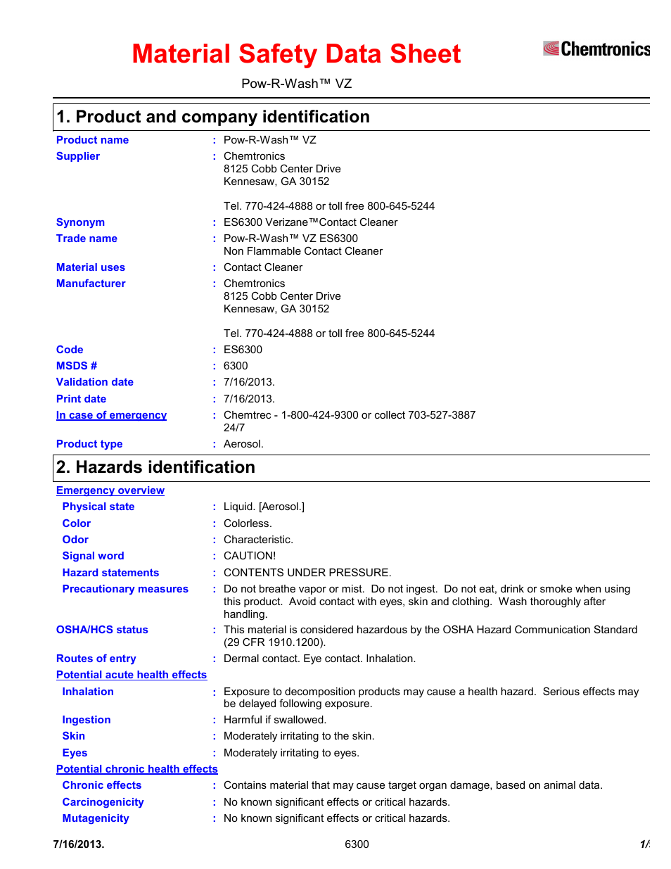 Chemtronics Pow-R-Wash VZ ES6300 User Manual | 9 pages