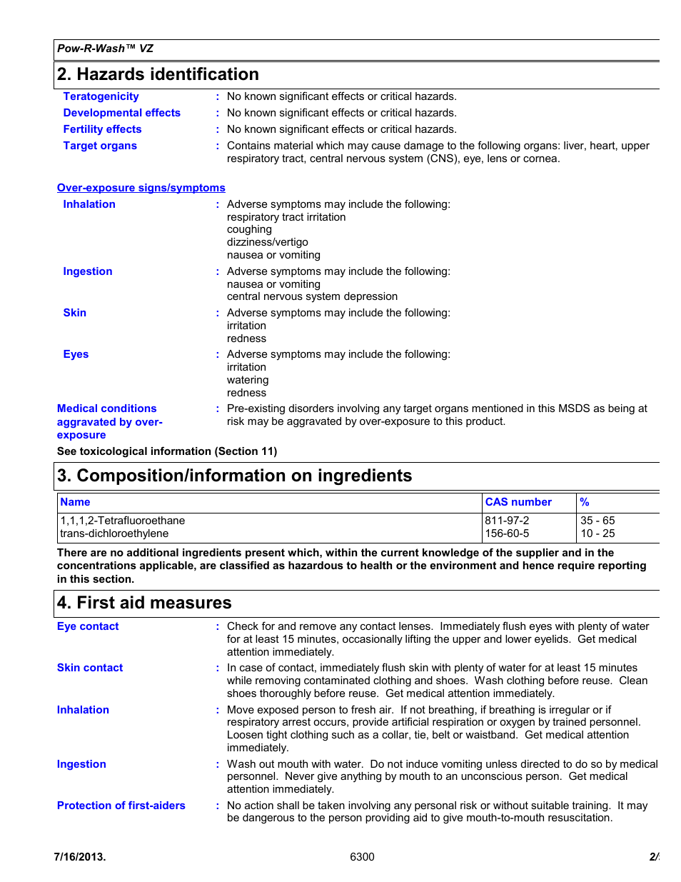 Hazards identification, Composition/information on ingredients, First aid measures | Chemtronics Pow-R-Wash VZ ES6300 User Manual | Page 2 / 9