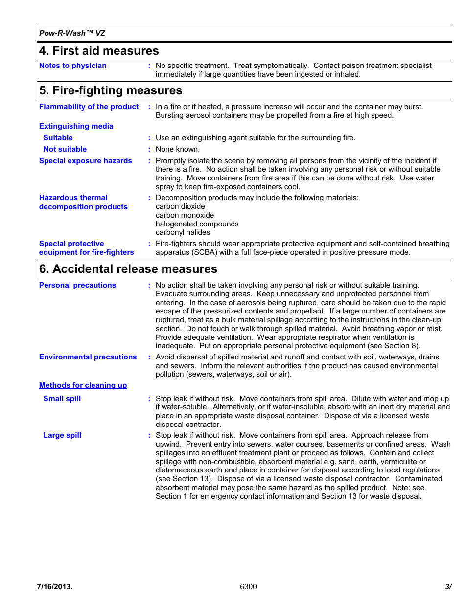 First aid measures, Fire-fighting measures, Accidental release measures | Chemtronics Pow-R-Wash VZ ES6300 User Manual | Page 3 / 9