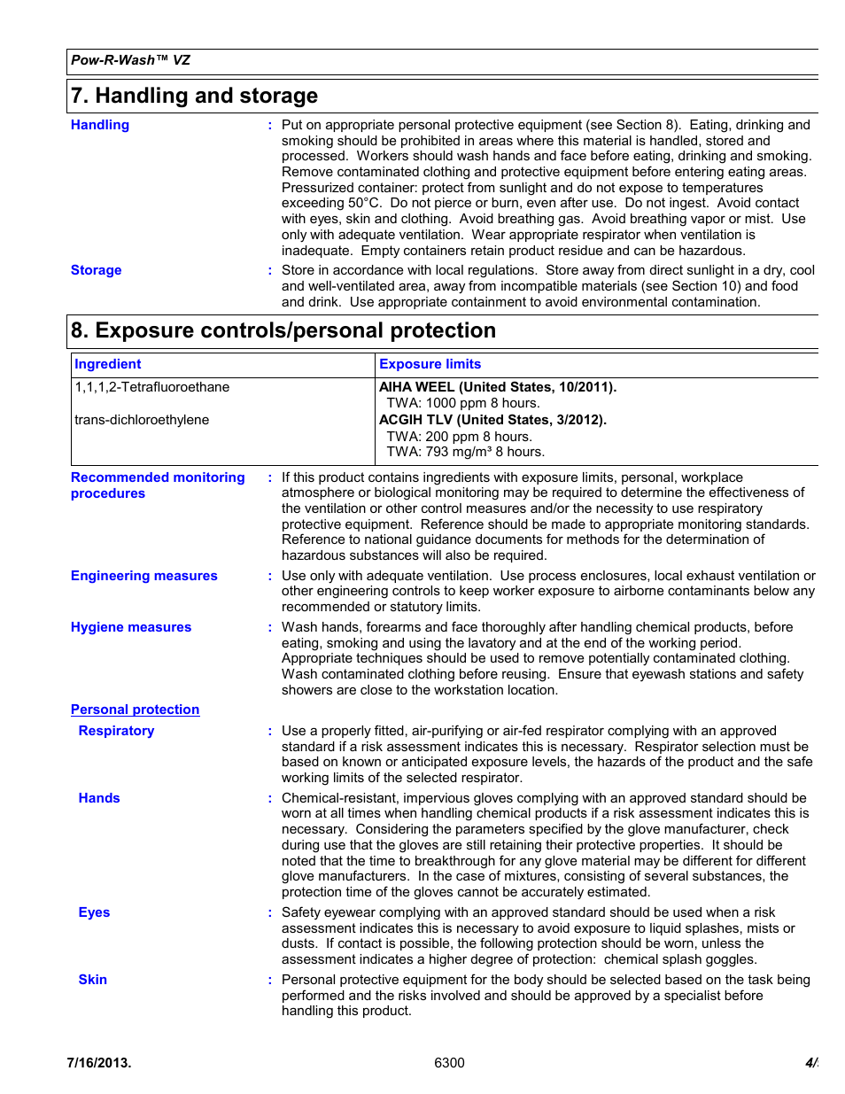 Handling and storage, Exposure controls/personal protection | Chemtronics Pow-R-Wash VZ ES6300 User Manual | Page 4 / 9