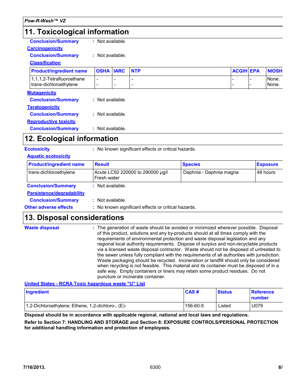 Toxicological information, Ecological information, Disposal considerations | Chemtronics Pow-R-Wash VZ ES6300 User Manual | Page 6 / 9