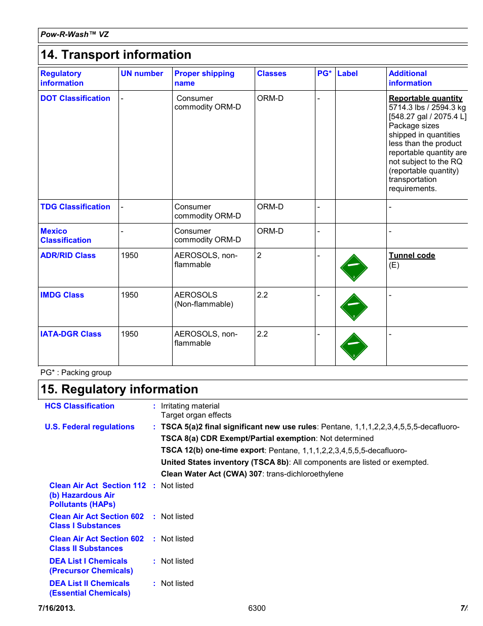 Transport information, Regulatory information | Chemtronics Pow-R-Wash VZ ES6300 User Manual | Page 7 / 9