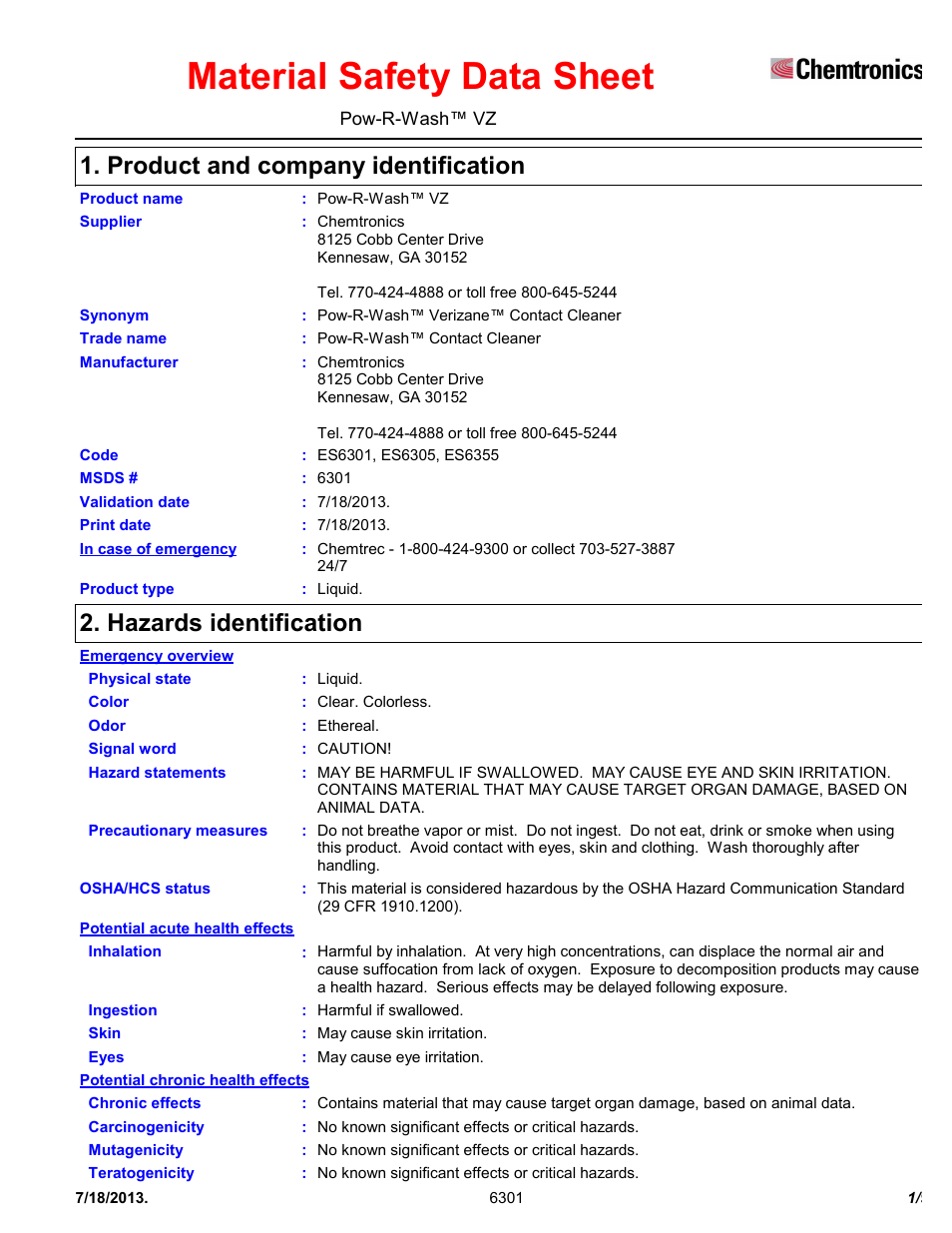 Chemtronics Pow-R-Wash VZ ES6301 User Manual | 9 pages