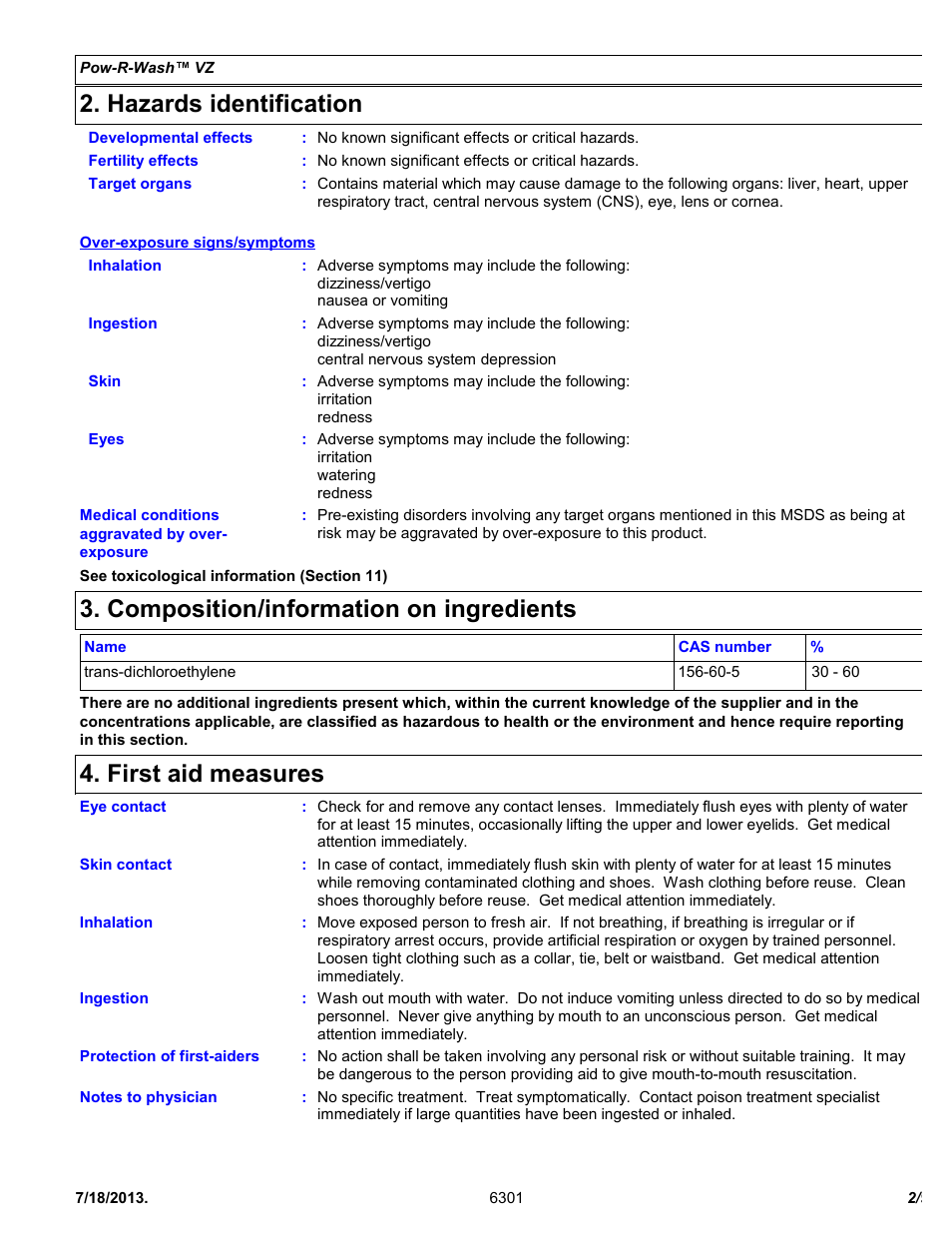 Hazards identification, Composition/information on ingredients, First aid measures | Chemtronics Pow-R-Wash VZ ES6301 User Manual | Page 2 / 9
