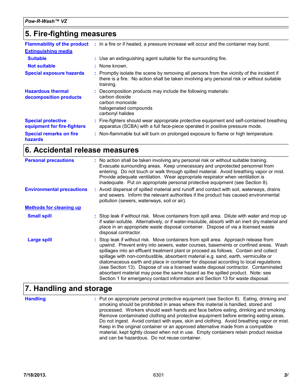 Fire-fighting measures, Accidental release measures, Handling and storage | Chemtronics Pow-R-Wash VZ ES6301 User Manual | Page 3 / 9