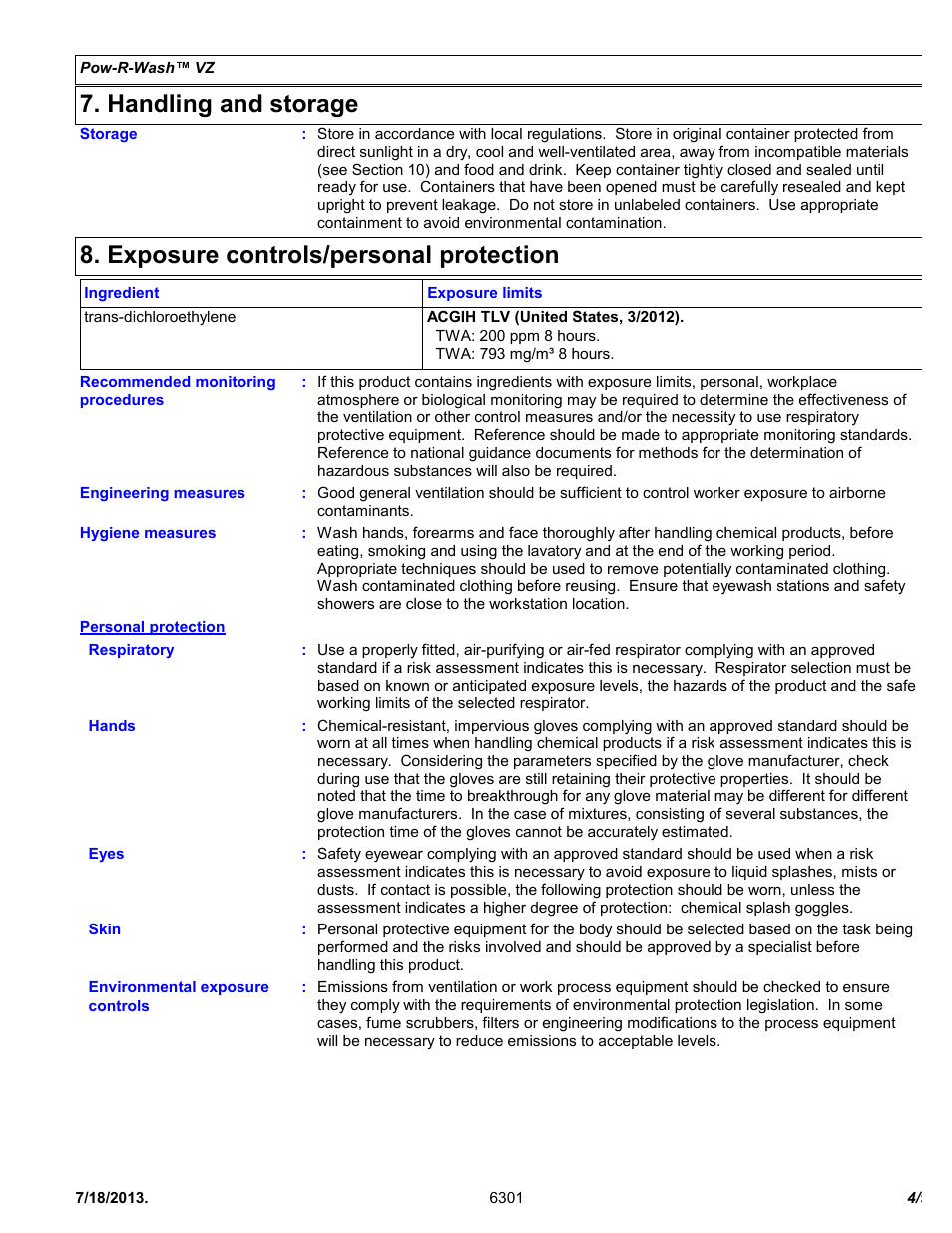 Handling and storage, Exposure controls/personal protection | Chemtronics Pow-R-Wash VZ ES6301 User Manual | Page 4 / 9