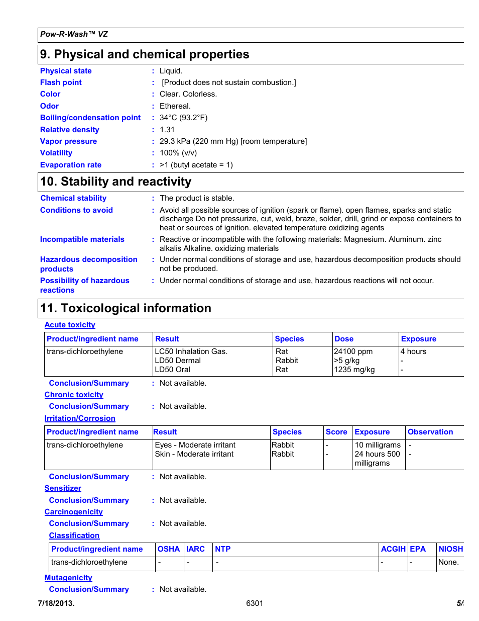 Physical and chemical properties, Stability and reactivity, Toxicological information | Chemtronics Pow-R-Wash VZ ES6301 User Manual | Page 5 / 9