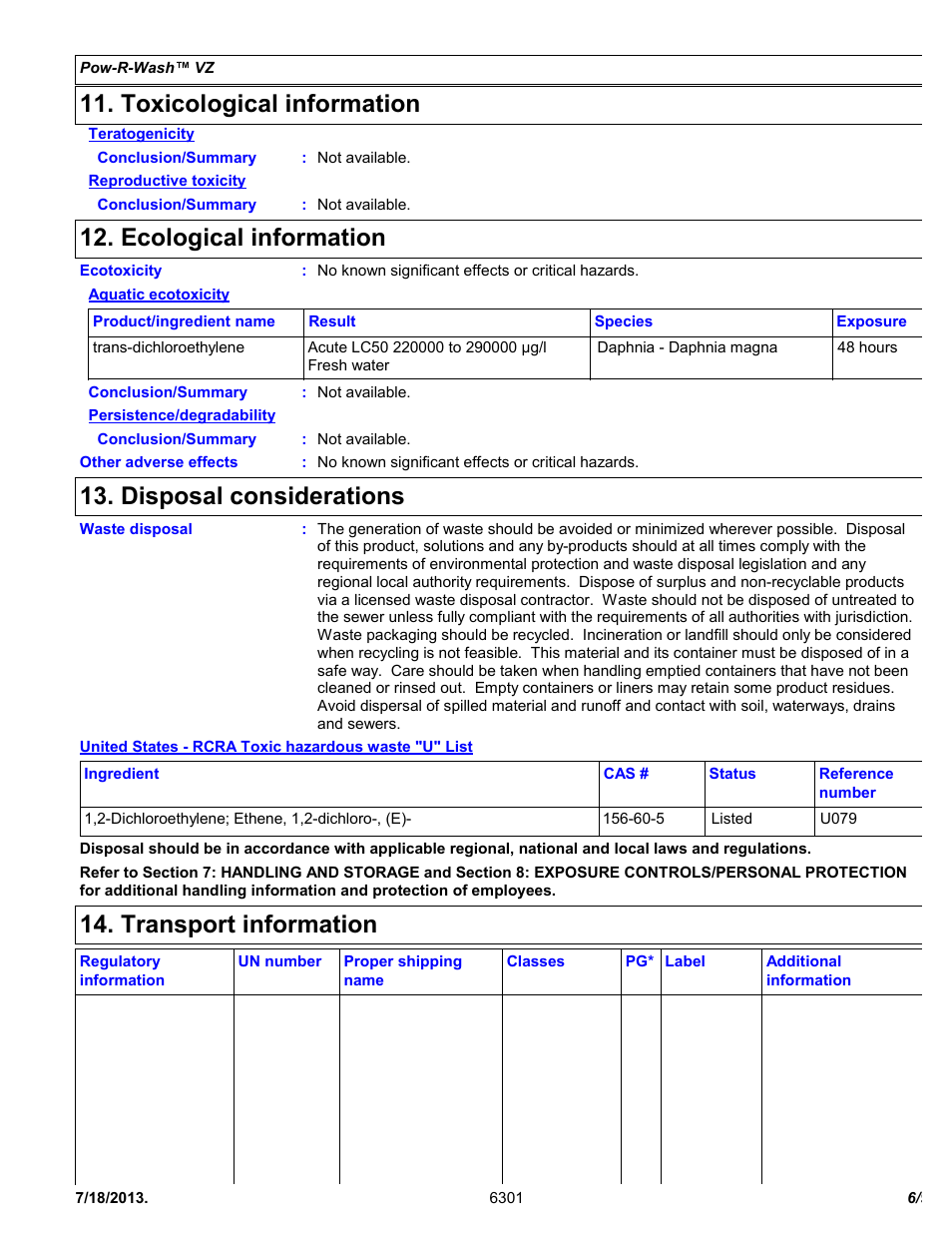 Toxicological information, Ecological information, Disposal considerations | Transport information | Chemtronics Pow-R-Wash VZ ES6301 User Manual | Page 6 / 9