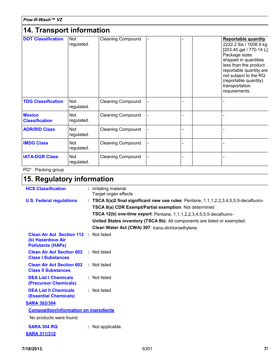 Transport information, Regulatory information | Chemtronics Pow-R-Wash VZ ES6301 User Manual | Page 7 / 9