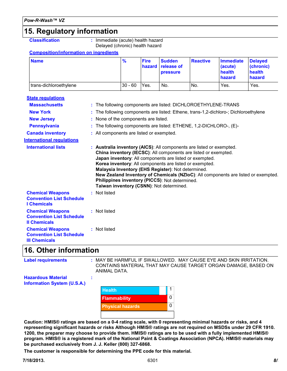 Regulatory information, Other information | Chemtronics Pow-R-Wash VZ ES6301 User Manual | Page 8 / 9