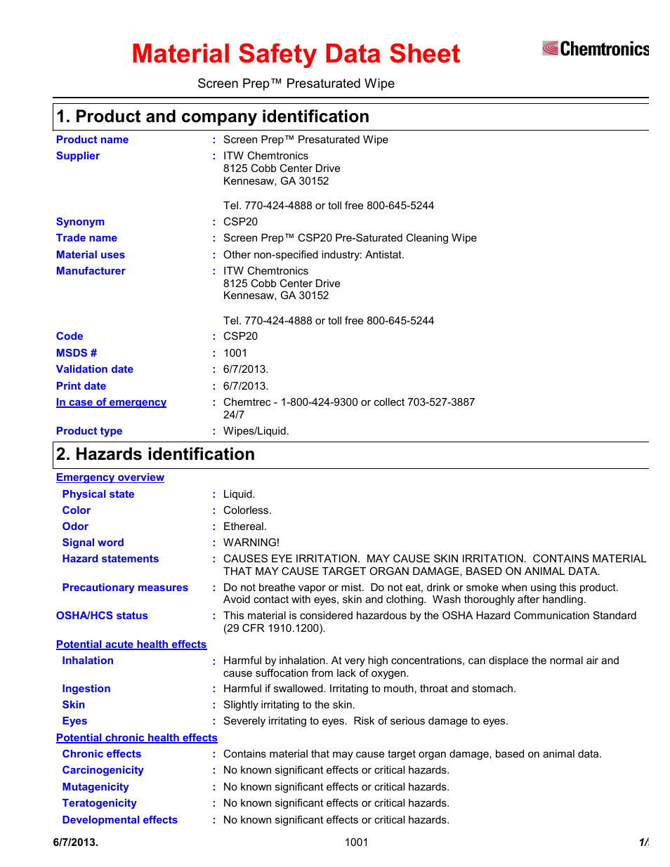 Chemtronics Screen Prep CSP20 User Manual | 9 pages