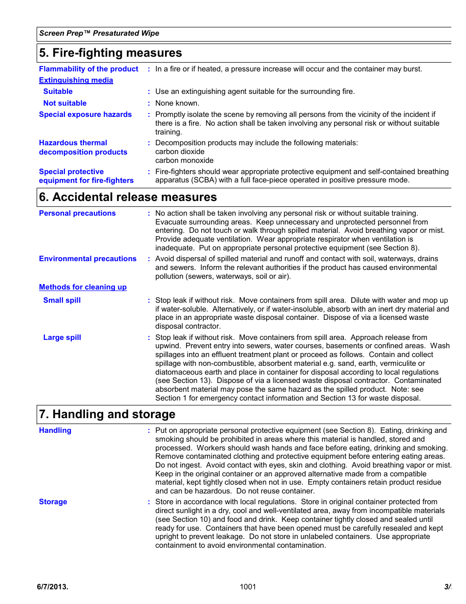 Fire-fighting measures, Accidental release measures, Handling and storage | Chemtronics Screen Prep CSP20 User Manual | Page 3 / 9