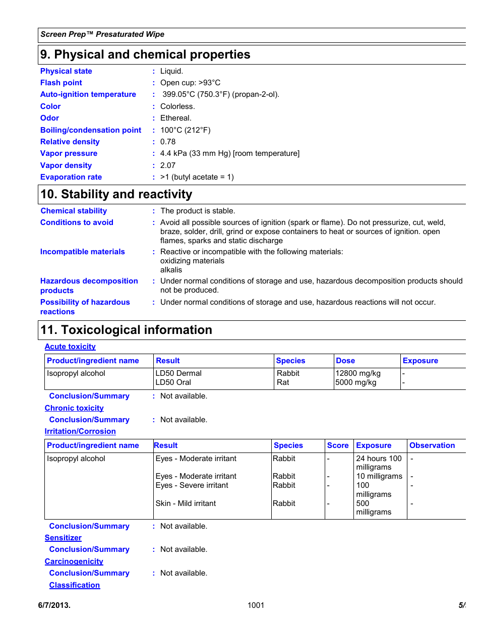 Physical and chemical properties, Stability and reactivity, Toxicological information | Chemtronics Screen Prep CSP20 User Manual | Page 5 / 9