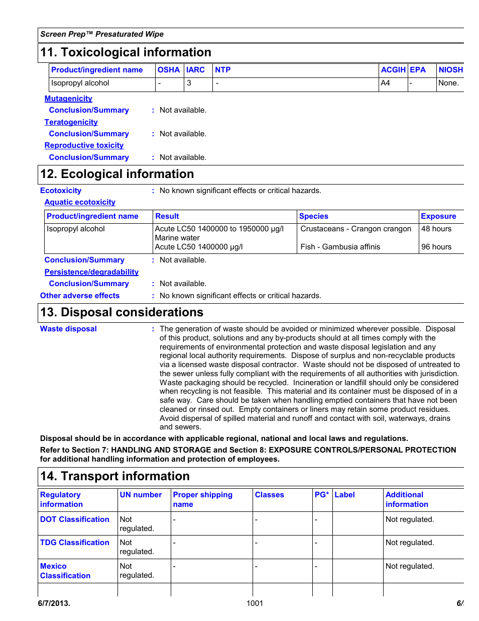 Toxicological information, Ecological information, Disposal considerations | Transport information | Chemtronics Screen Prep CSP20 User Manual | Page 6 / 9