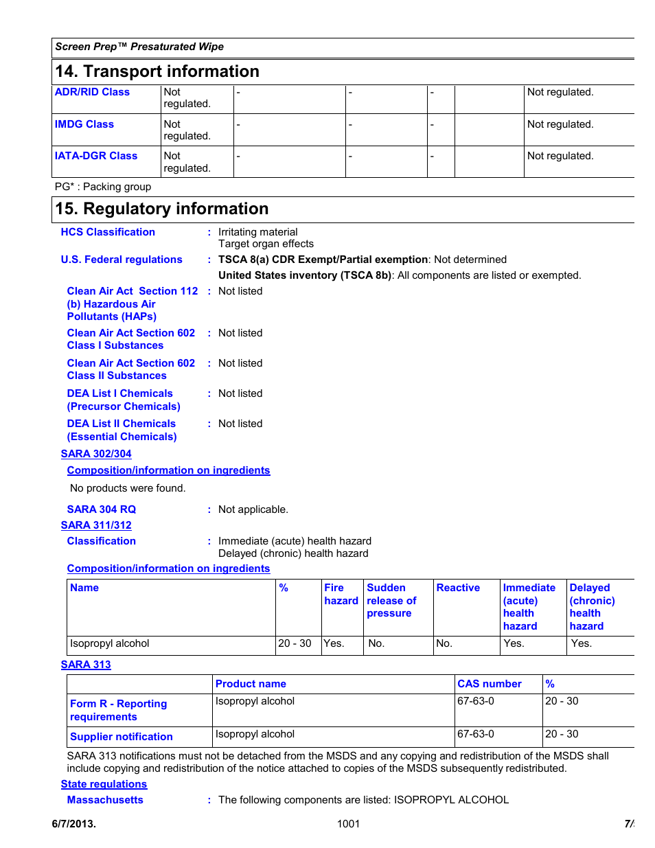 Transport information, Regulatory information | Chemtronics Screen Prep CSP20 User Manual | Page 7 / 9