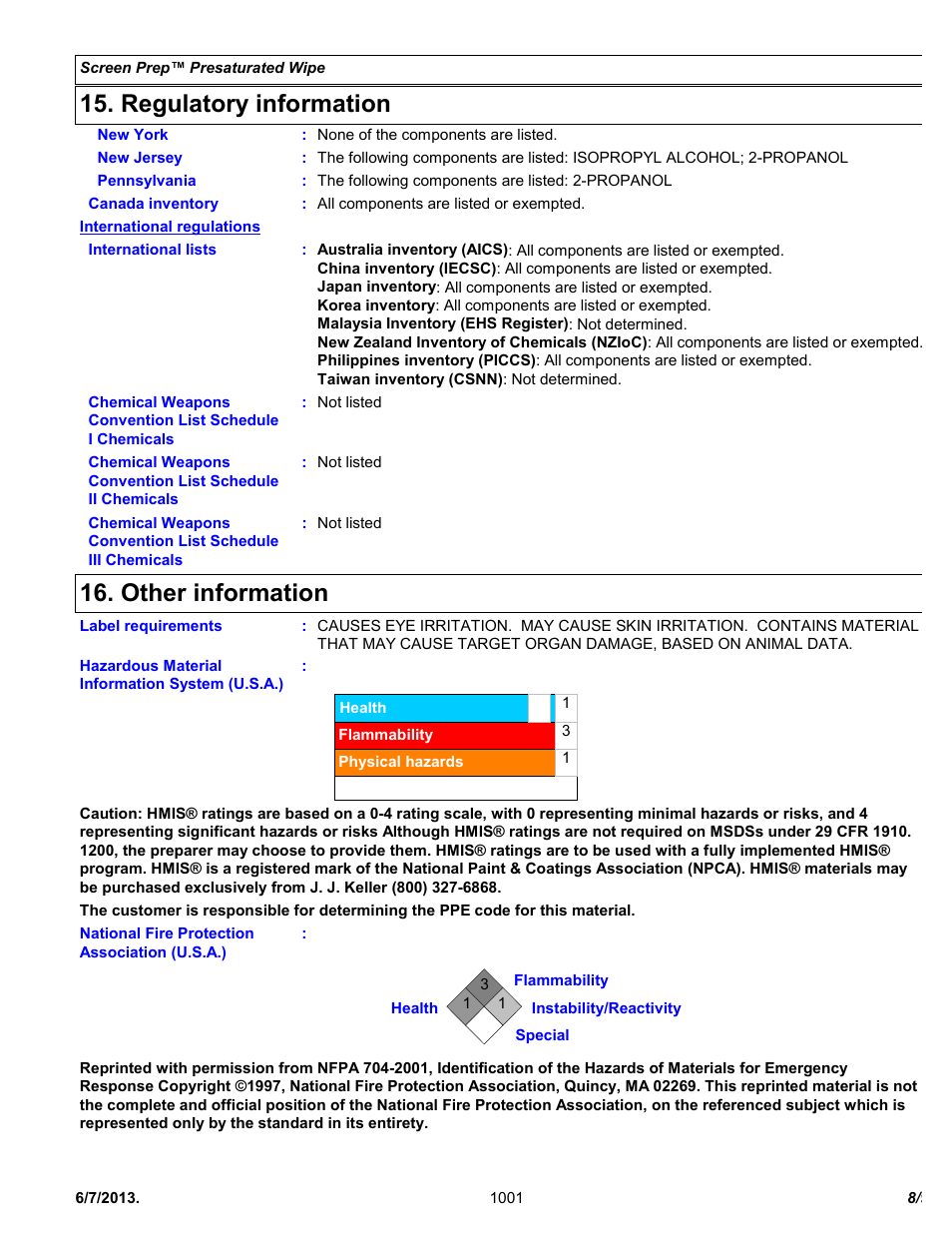 Regulatory information, Other information | Chemtronics Screen Prep CSP20 User Manual | Page 8 / 9