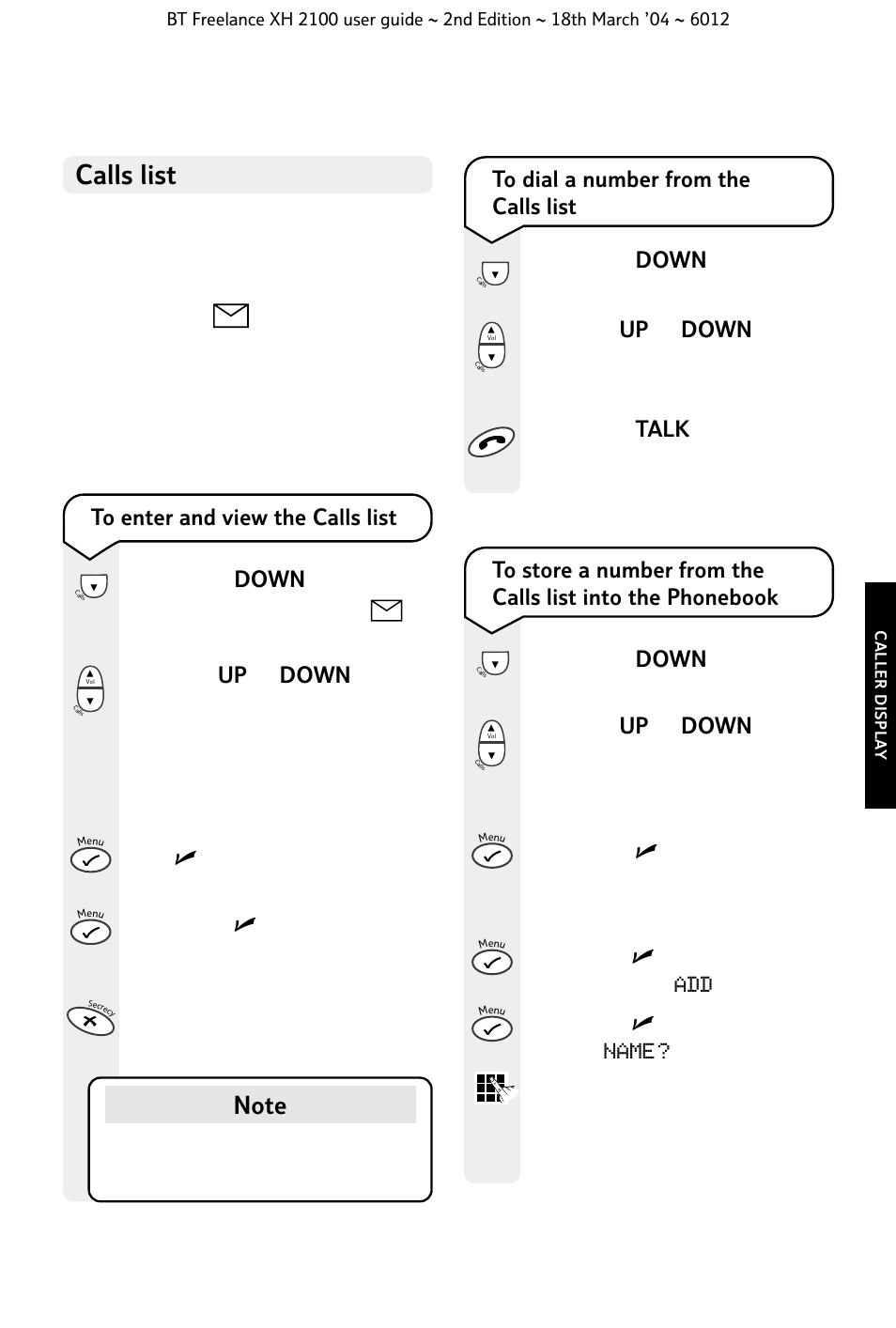 Calls list | BT FREELANCE XH 2100 User Manual | Page 29 / 42