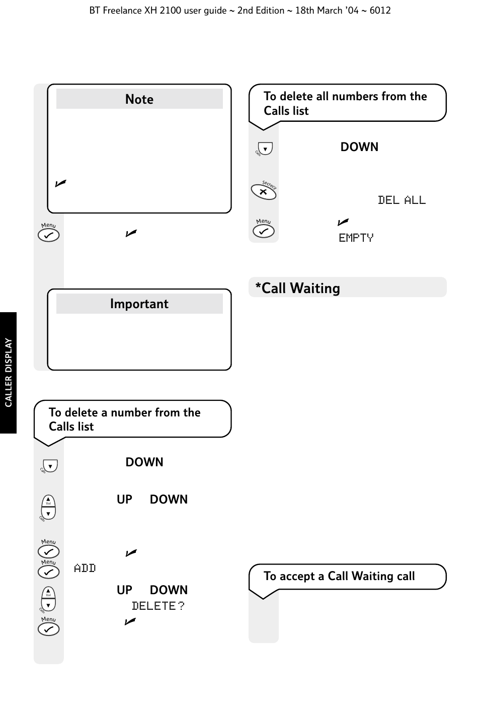 Call waiting, Important | BT FREELANCE XH 2100 User Manual | Page 30 / 42