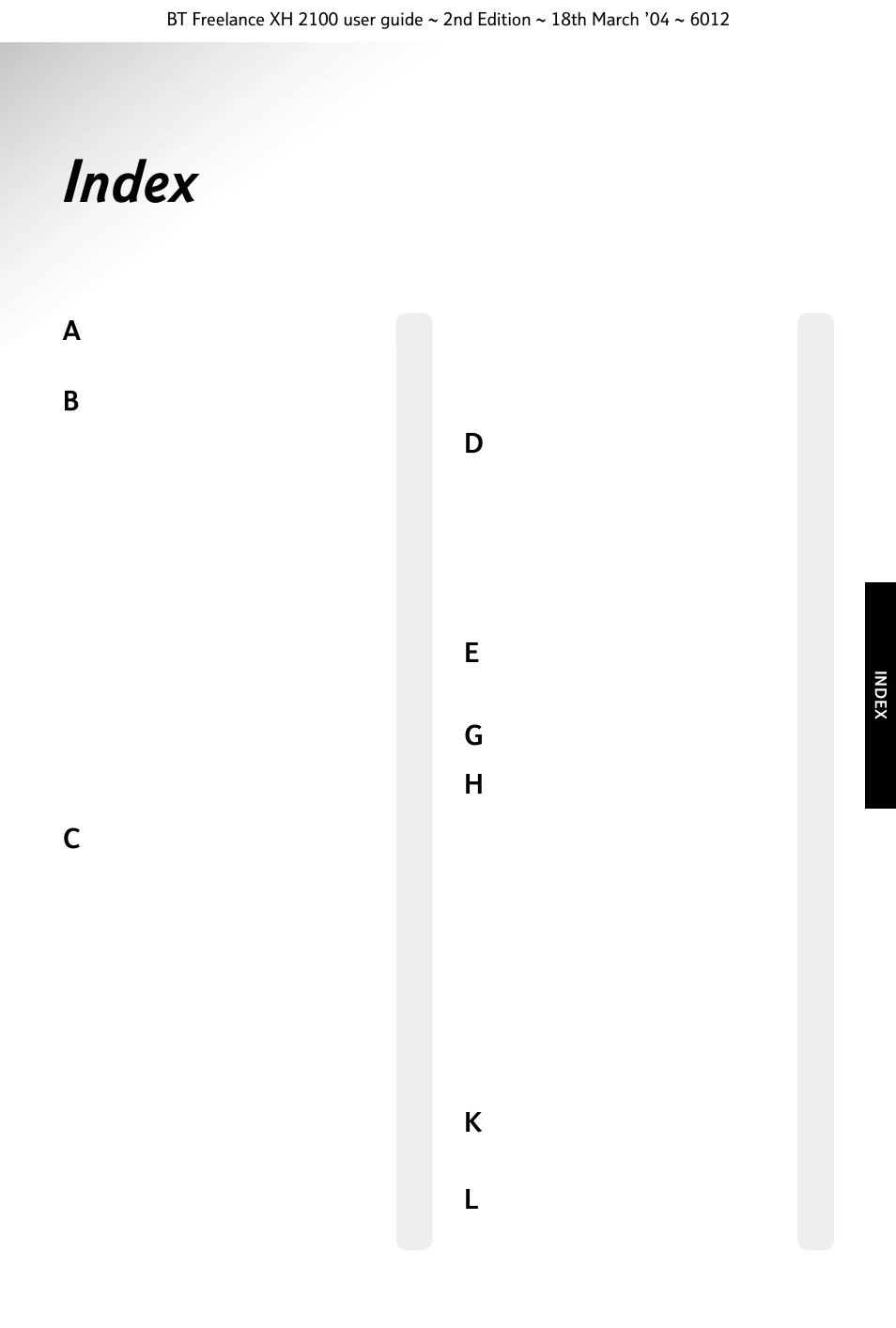 Index | BT FREELANCE XH 2100 User Manual | Page 39 / 42