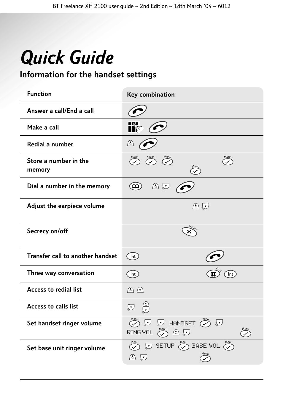 Quick guide, Information for the handset settings | BT FREELANCE XH 2100 User Manual | Page 5 / 42