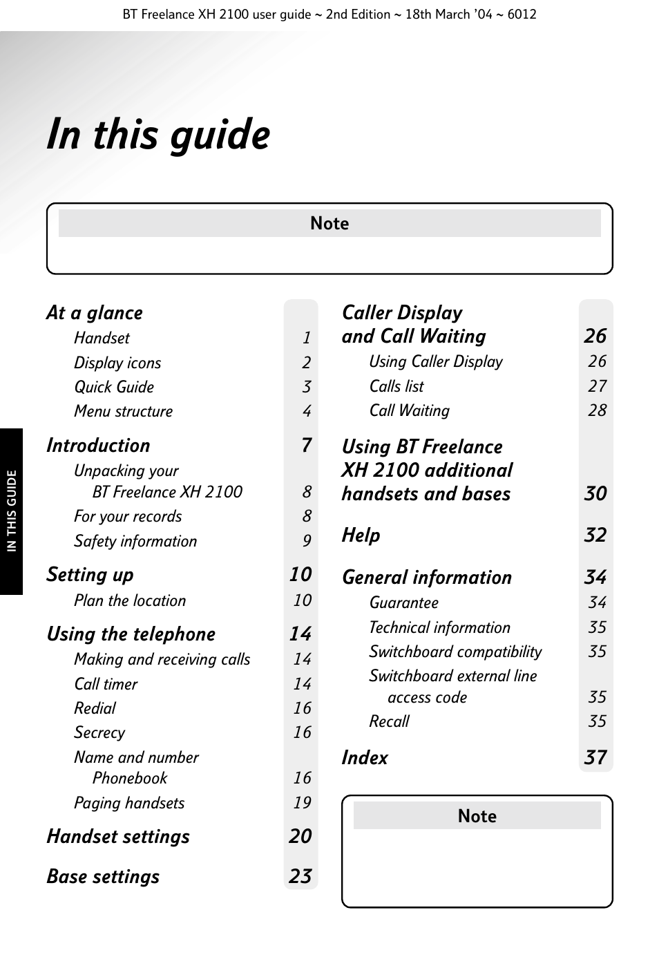 At a glance, Introduction 7, Setting up 10 | Using the telephone 14, Index 37 | BT FREELANCE XH 2100 User Manual | Page 8 / 42