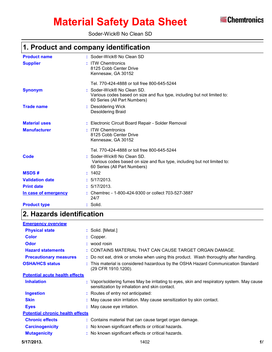 Chemtronics Soder-Wick No Clean SD SW16055 User Manual | 9 pages