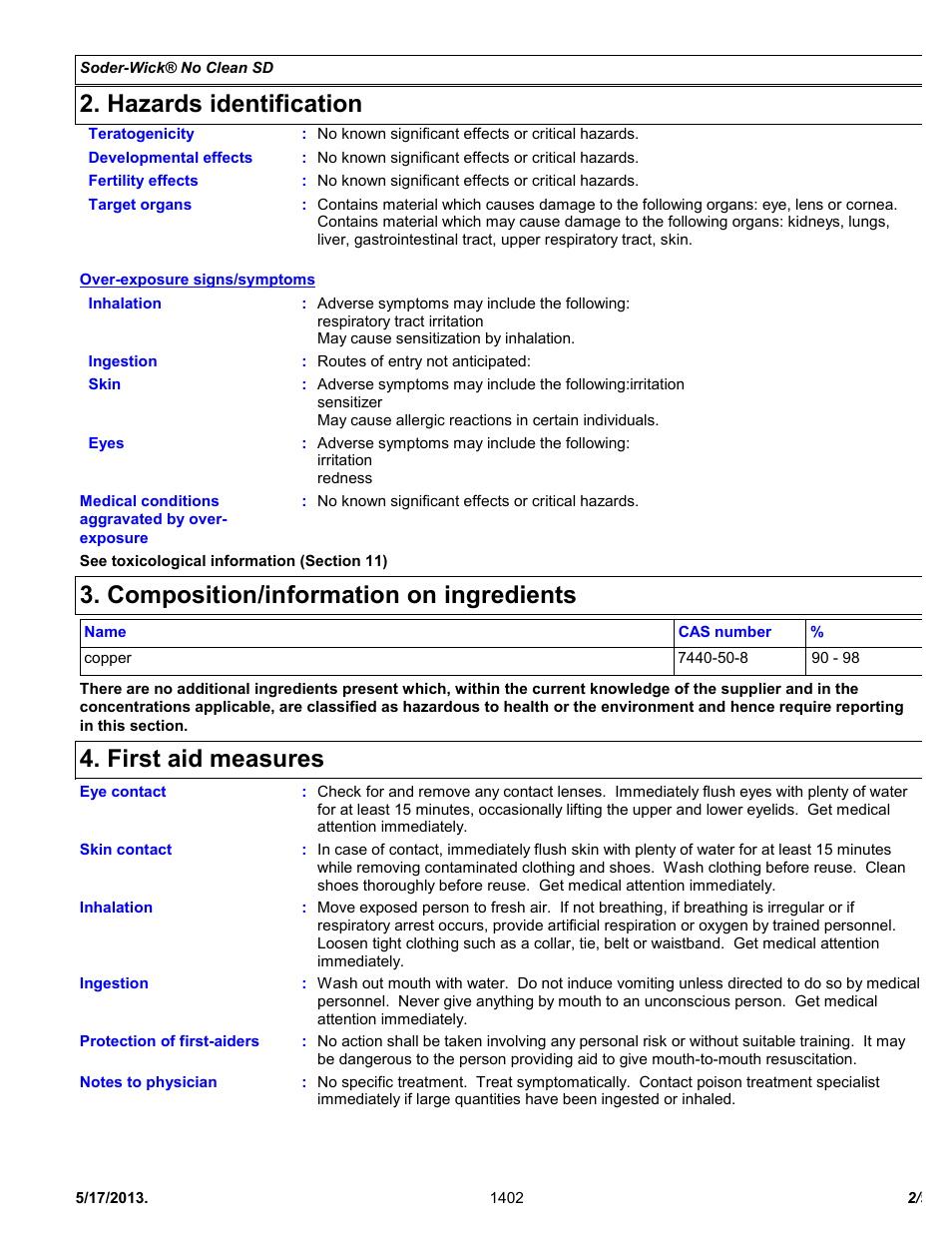 Hazards identification, Composition/information on ingredients, First aid measures | Chemtronics Soder-Wick No Clean SD SW16055 User Manual | Page 2 / 9