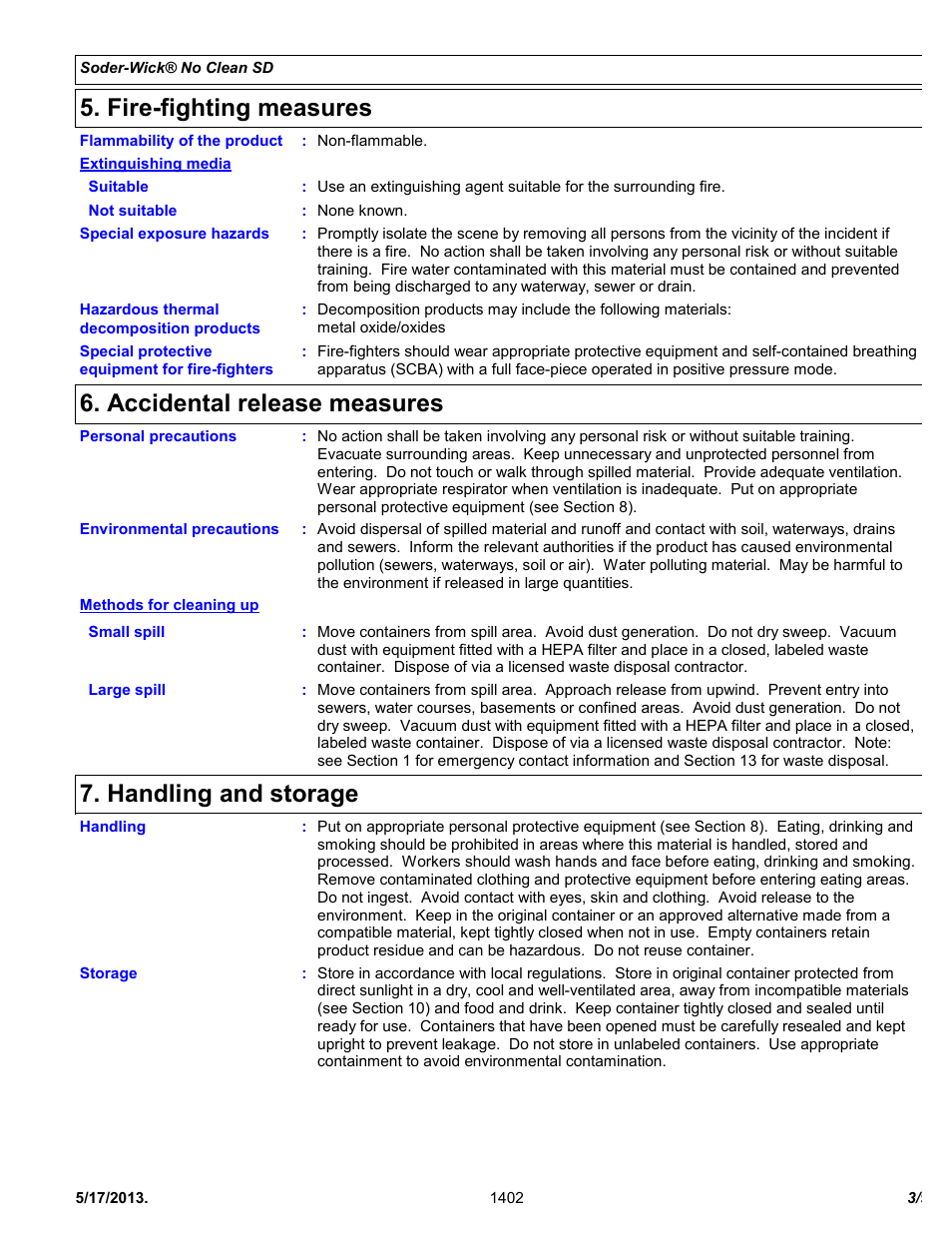 Fire-fighting measures, Accidental release measures, Handling and storage | Chemtronics Soder-Wick No Clean SD SW16055 User Manual | Page 3 / 9