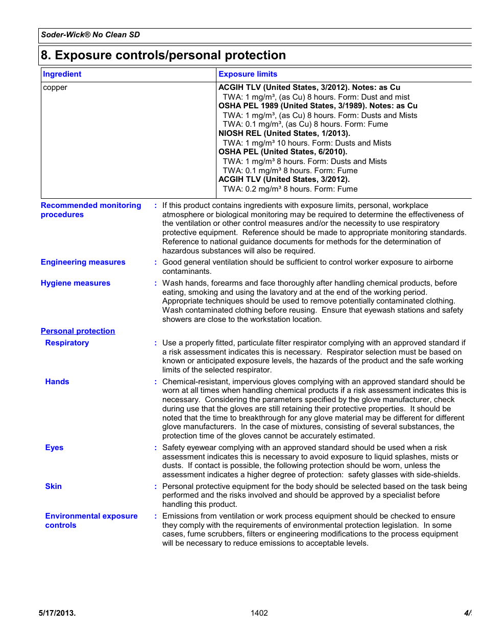 Exposure controls/personal protection | Chemtronics Soder-Wick No Clean SD SW16055 User Manual | Page 4 / 9