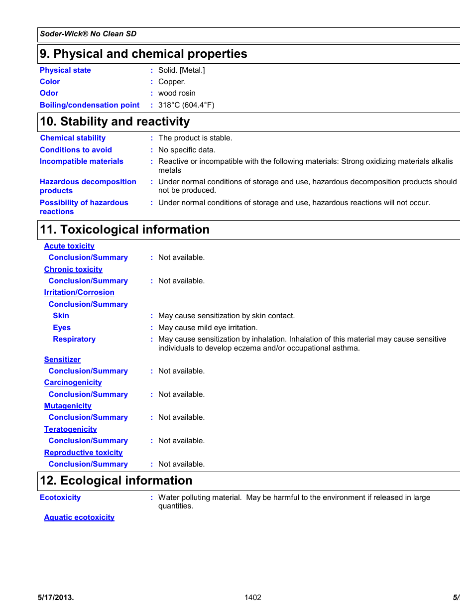 Physical and chemical properties, Stability and reactivity, Toxicological information | Ecological information | Chemtronics Soder-Wick No Clean SD SW16055 User Manual | Page 5 / 9