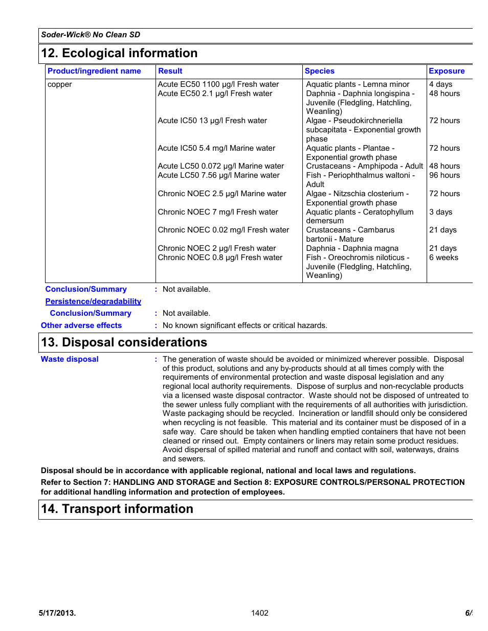Ecological information, Disposal considerations, Transport information | Chemtronics Soder-Wick No Clean SD SW16055 User Manual | Page 6 / 9