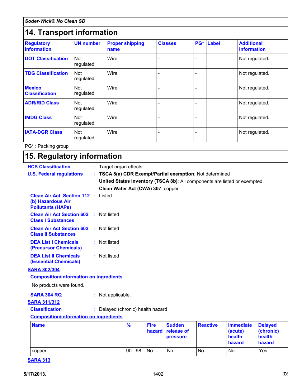 Transport information, Regulatory information | Chemtronics Soder-Wick No Clean SD SW16055 User Manual | Page 7 / 9