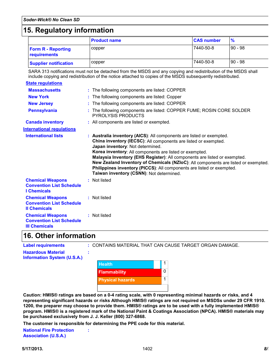 Regulatory information, Other information | Chemtronics Soder-Wick No Clean SD SW16055 User Manual | Page 8 / 9