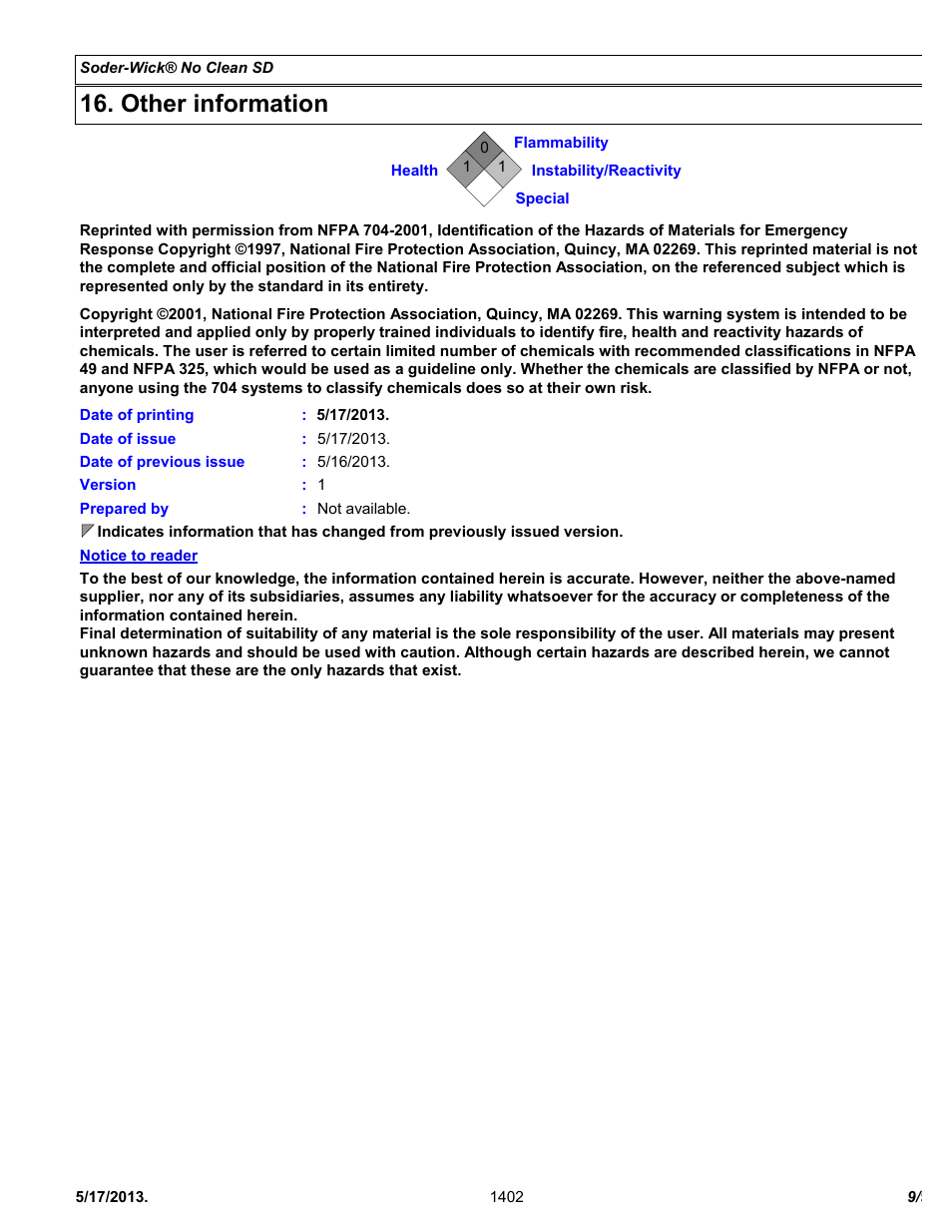 Other information | Chemtronics Soder-Wick No Clean SD SW16055 User Manual | Page 9 / 9