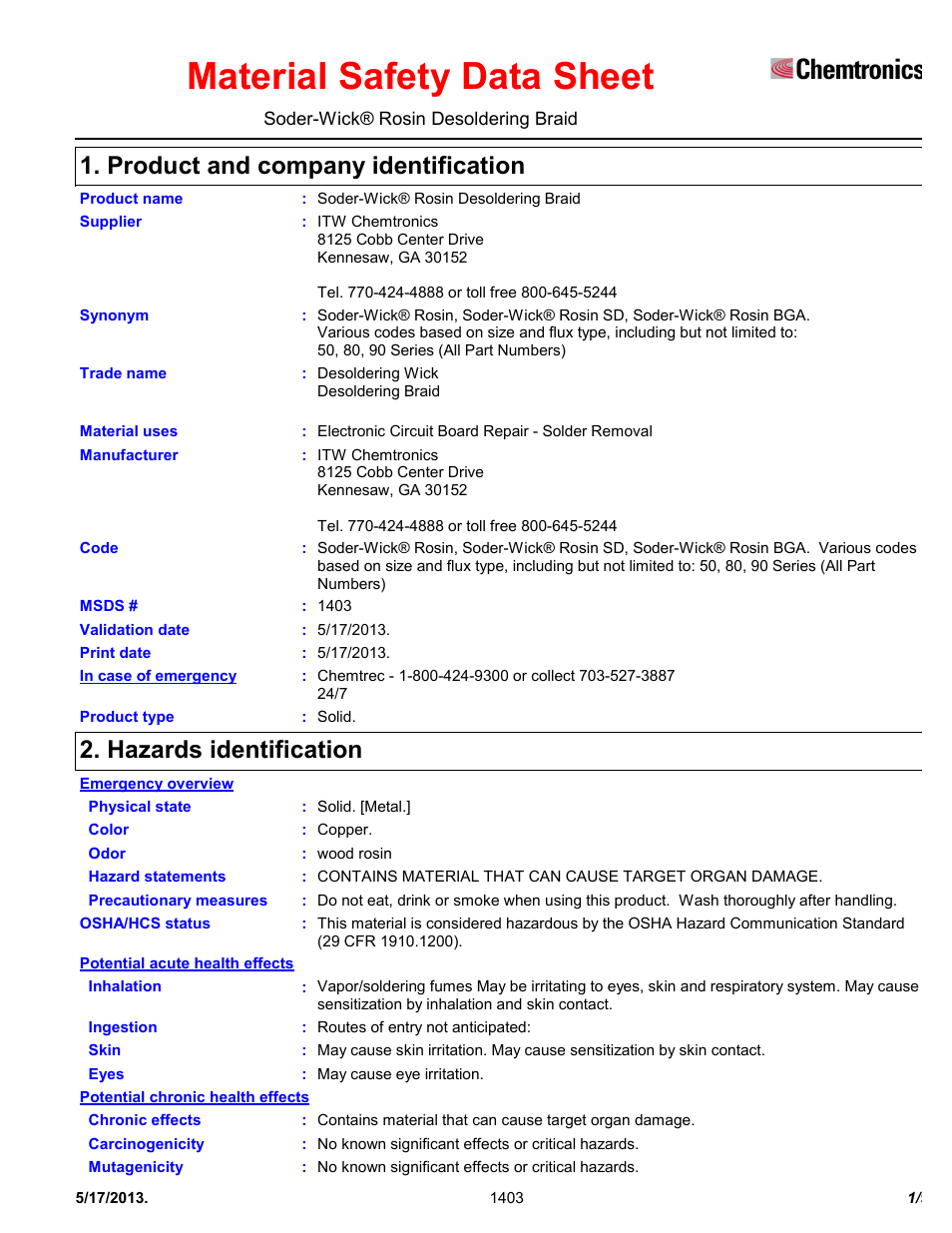 Chemtronics Soder-Wick BGA Rosin 80-BGA-5 User Manual | 9 pages