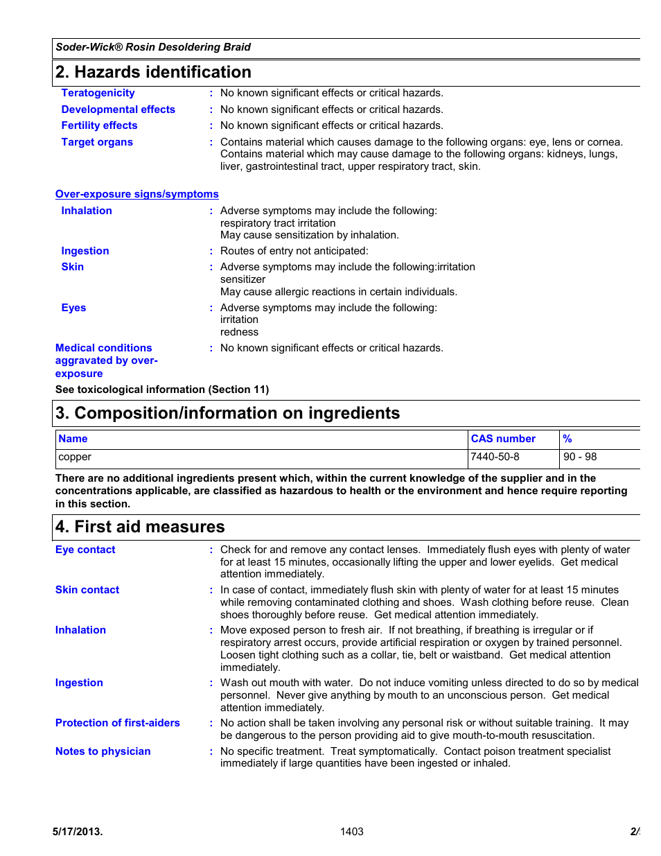 Hazards identification, Composition/information on ingredients, First aid measures | Chemtronics Soder-Wick BGA Rosin 80-BGA-5 User Manual | Page 2 / 9