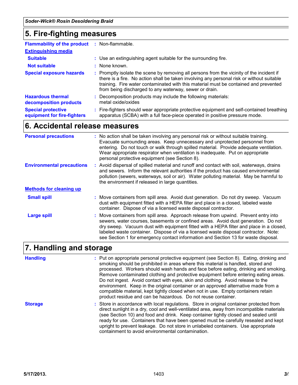 Fire-fighting measures, Accidental release measures, Handling and storage | Chemtronics Soder-Wick BGA Rosin 80-BGA-5 User Manual | Page 3 / 9