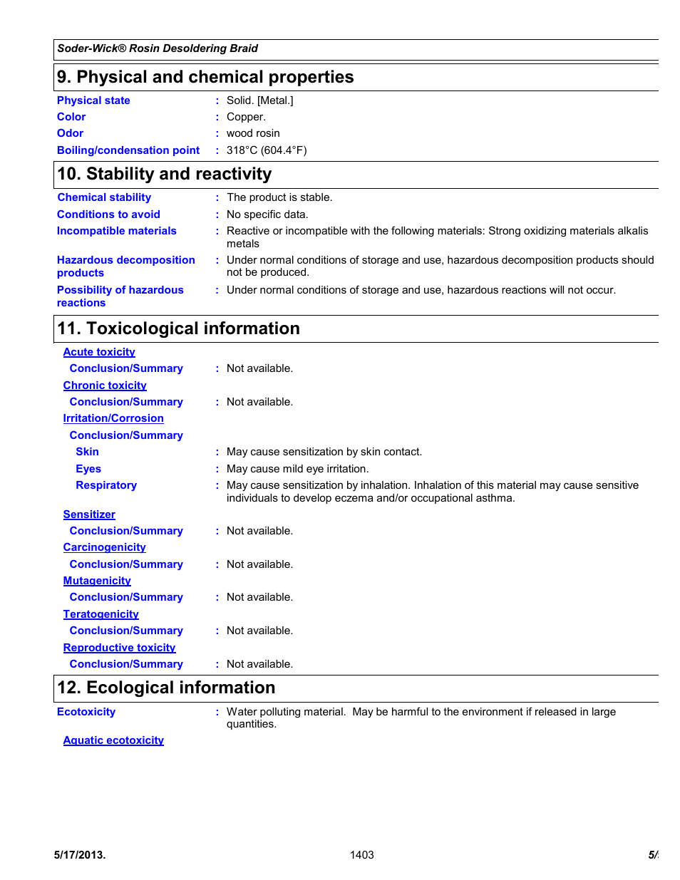 Physical and chemical properties, Stability and reactivity, Toxicological information | Ecological information | Chemtronics Soder-Wick BGA Rosin 80-BGA-5 User Manual | Page 5 / 9