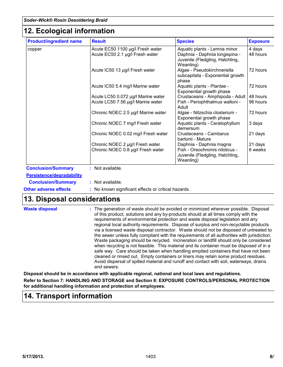 Ecological information, Disposal considerations, Transport information | Chemtronics Soder-Wick BGA Rosin 80-BGA-5 User Manual | Page 6 / 9