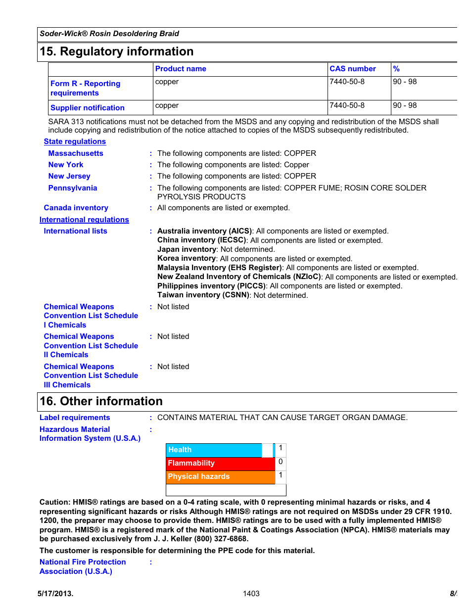 Regulatory information, Other information | Chemtronics Soder-Wick BGA Rosin 80-BGA-5 User Manual | Page 8 / 9