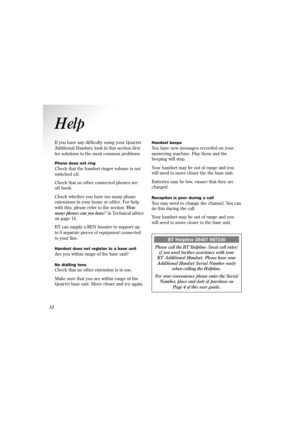 Help | BT 2000 User Manual | Page 13 / 17