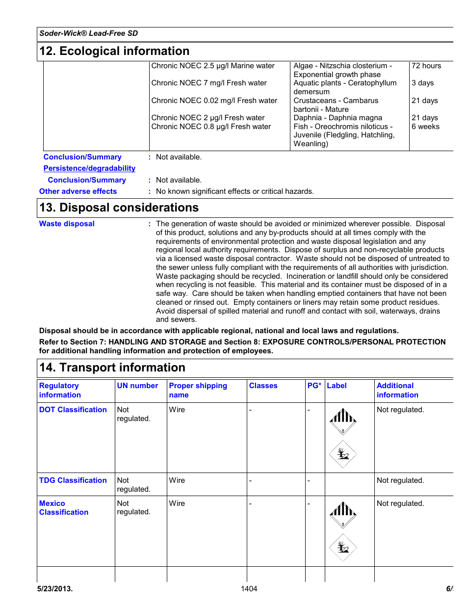 Ecological information, Disposal considerations, Transport information | Chemtronics Soder-Wick Lead-Free SD 40-4-5 User Manual | Page 6 / 9