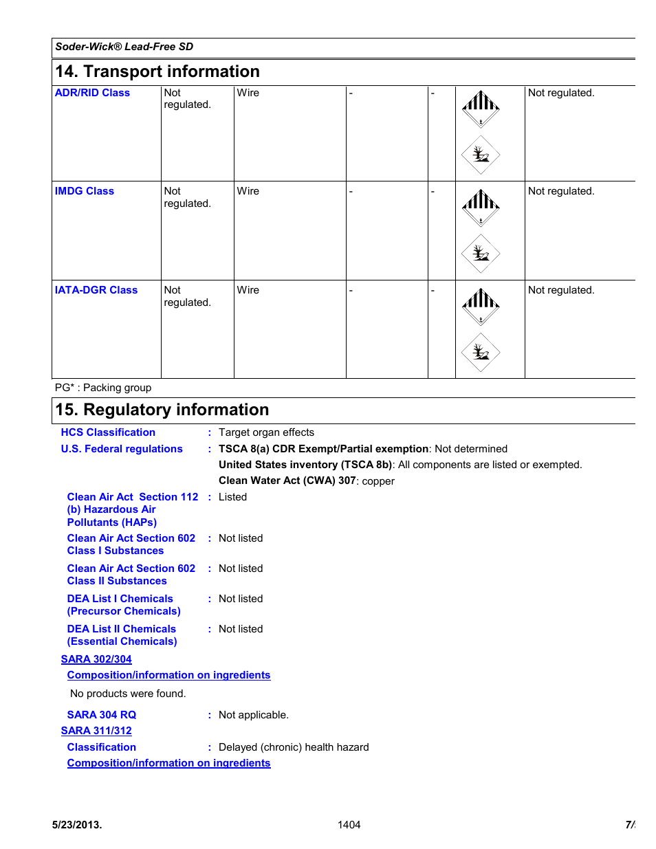 Transport information, Regulatory information | Chemtronics Soder-Wick Lead-Free SD 40-4-5 User Manual | Page 7 / 9
