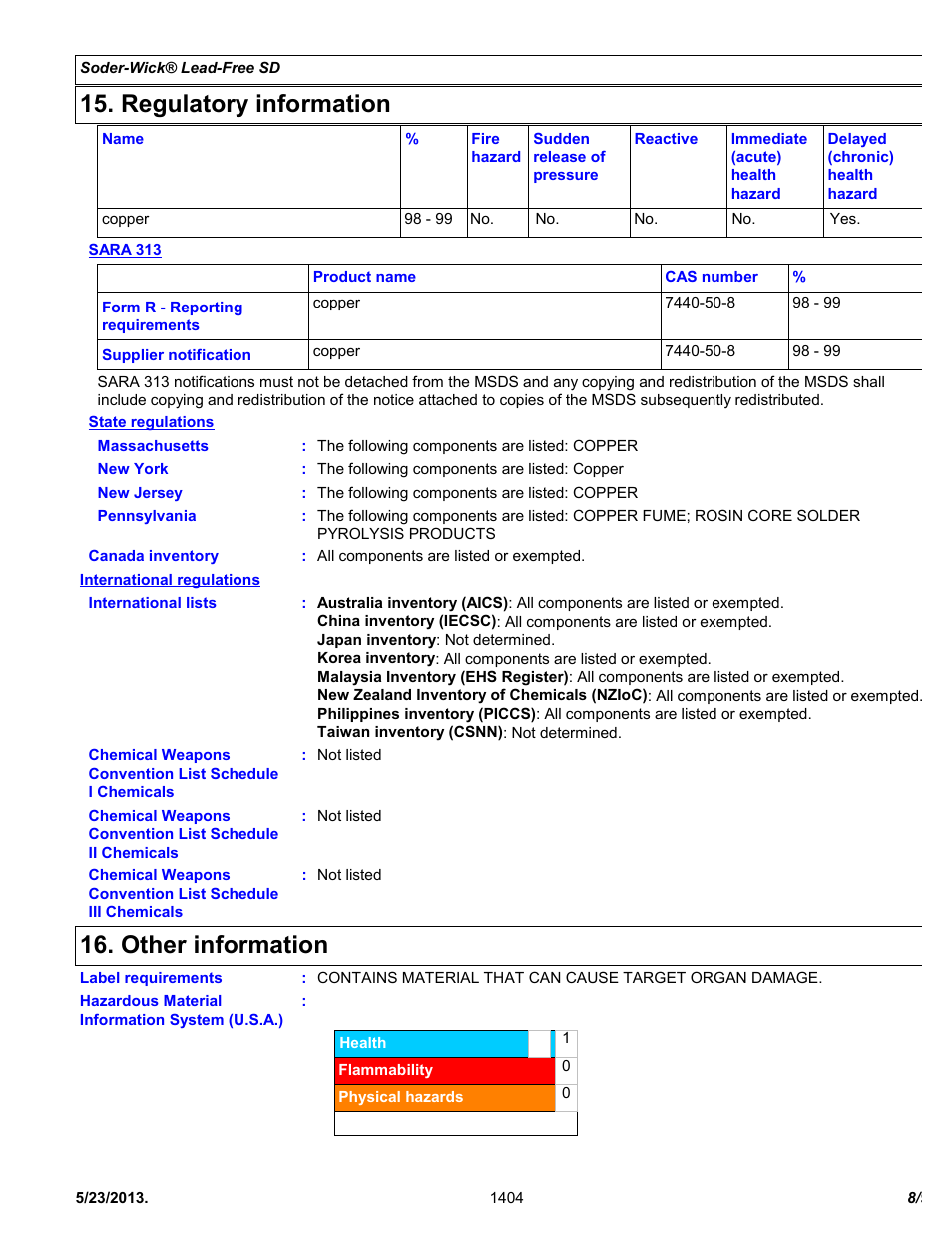 Regulatory information, Other information | Chemtronics Soder-Wick Lead-Free SD 40-4-5 User Manual | Page 8 / 9