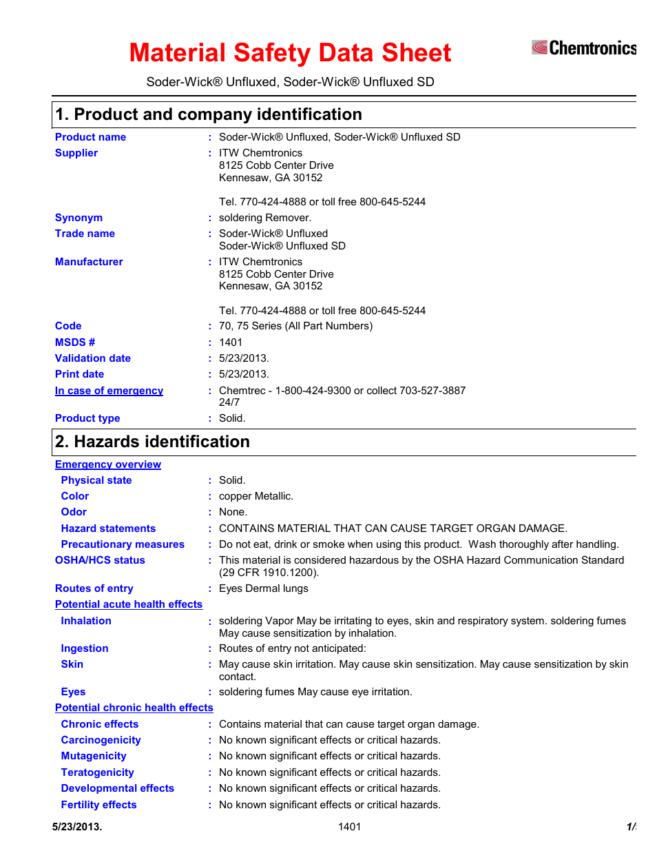 Chemtronics Soder-Wick Unfluxed SD 75-4-10 User Manual | 9 pages
