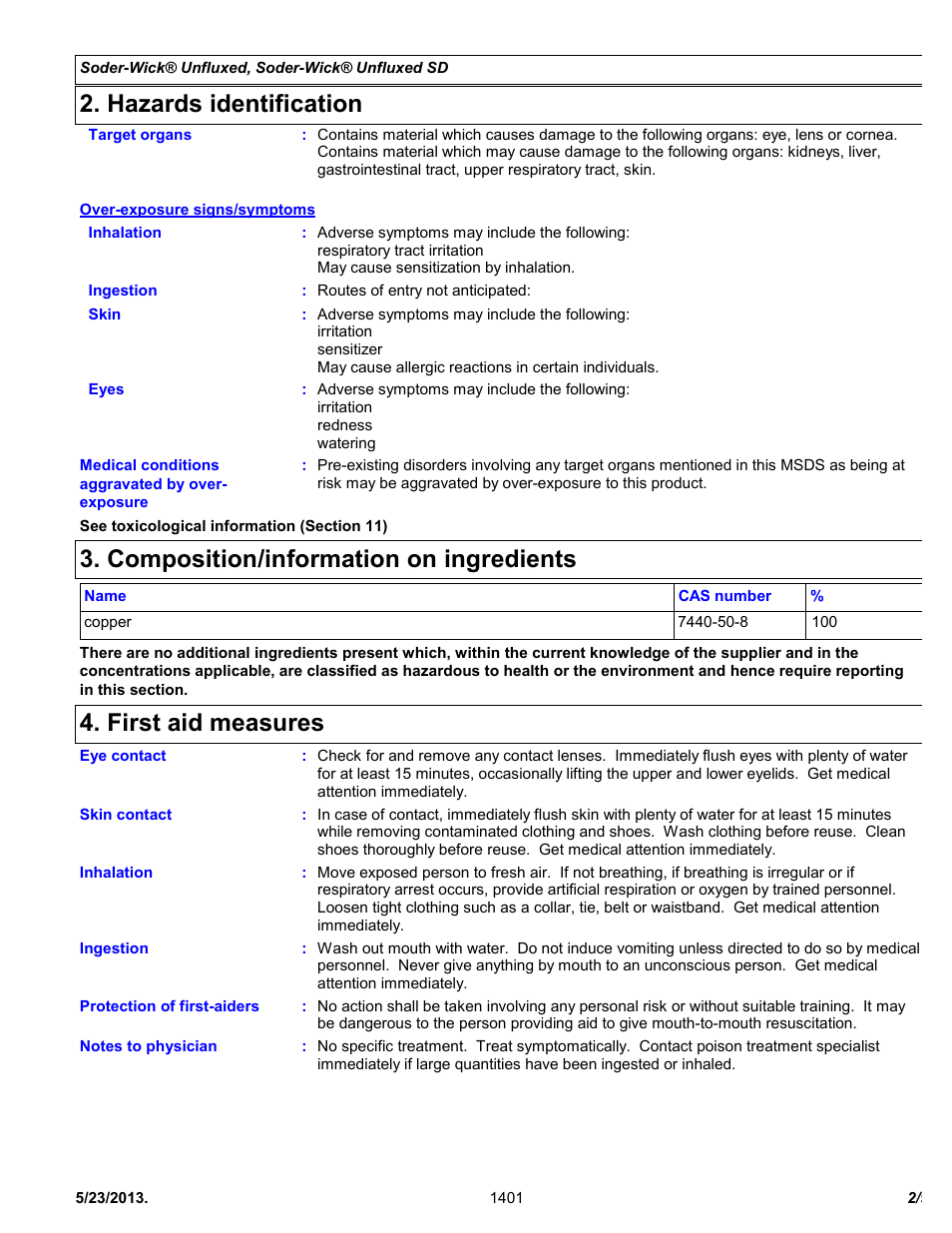 Hazards identification, Composition/information on ingredients, First aid measures | Chemtronics Soder-Wick Unfluxed SD 75-4-10 User Manual | Page 2 / 9