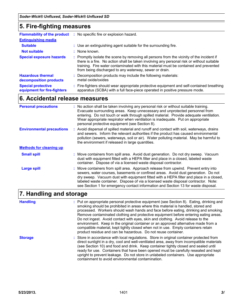 Fire-fighting measures, Accidental release measures, Handling and storage | Chemtronics Soder-Wick Unfluxed SD 75-4-10 User Manual | Page 3 / 9
