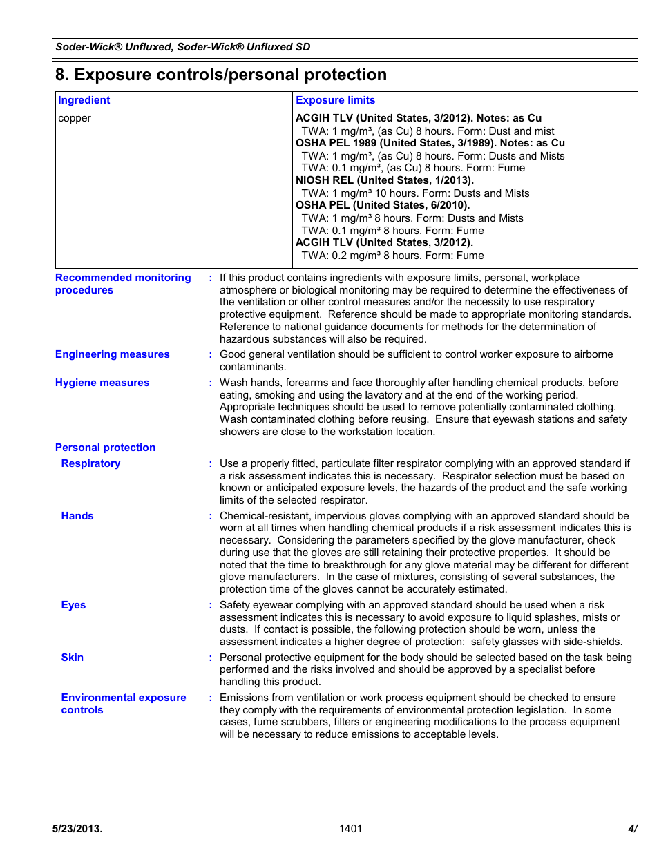 Exposure controls/personal protection | Chemtronics Soder-Wick Unfluxed SD 75-4-10 User Manual | Page 4 / 9