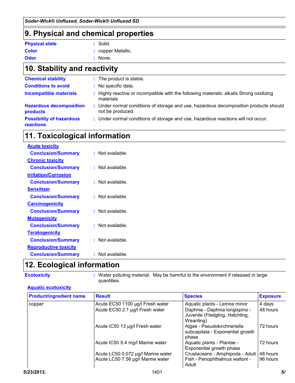 Physical and chemical properties, Stability and reactivity, Toxicological information | Ecological information | Chemtronics Soder-Wick Unfluxed SD 75-4-10 User Manual | Page 5 / 9